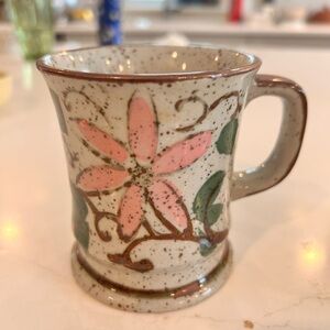 Vintage 1970’s Brown Speckled Stoneware Pink Wildflower Mug Glazed Coffee Cup